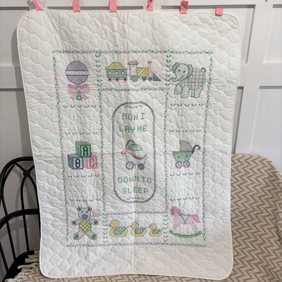 Vintage Cross Stitch Now I Lay Me Down To Sleep Wall Hanging Quilted Blanket - Picture 1 of 12